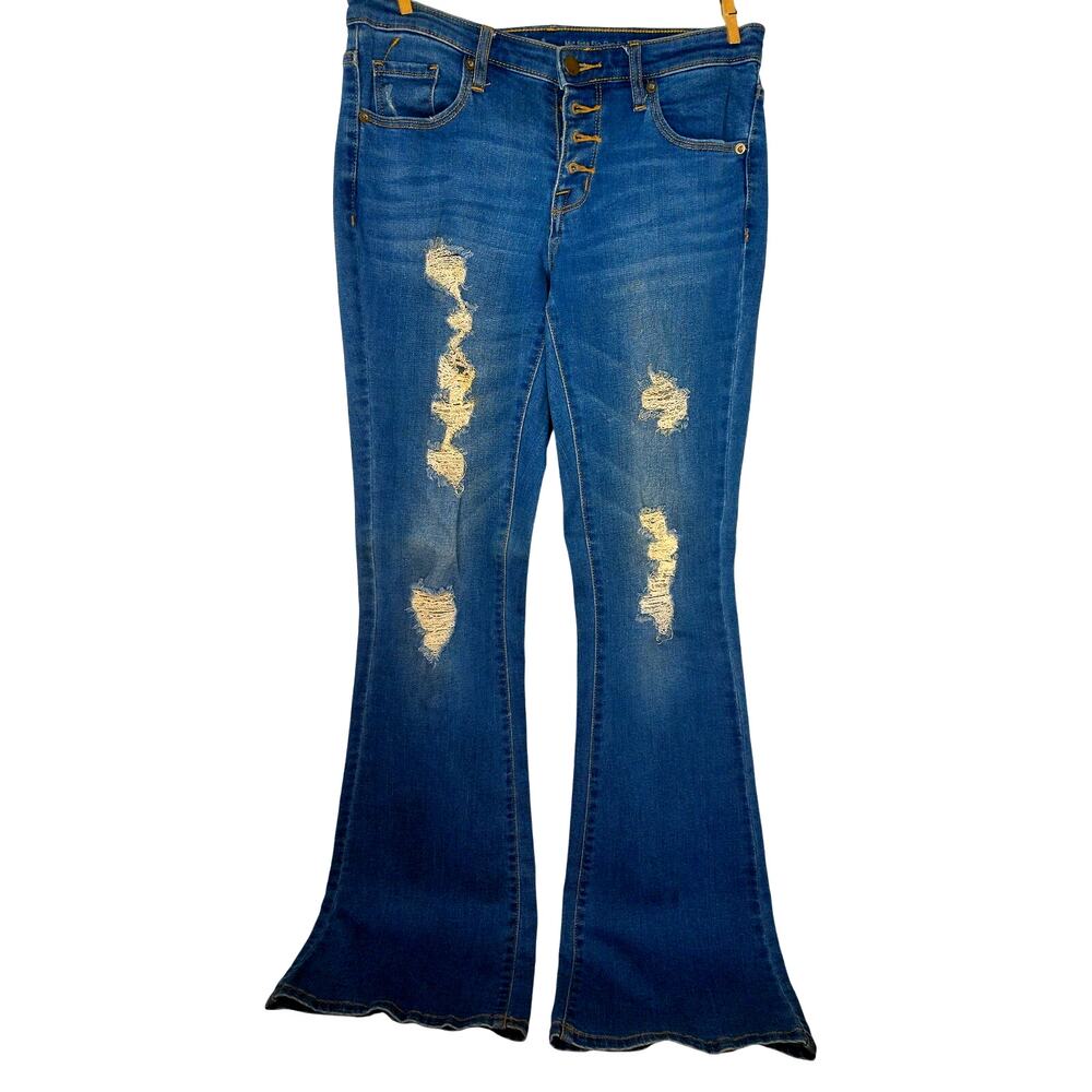 Mossimo Mid Rise Flare Jeans Button Fly Stretch Denim Grunge Thrash Size 4
